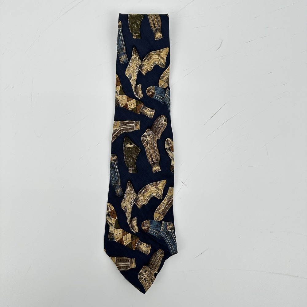 VTG Polo by Ralph Lauren Silk Tie Navy Gold Novelty Sock Print Hand Made In USA